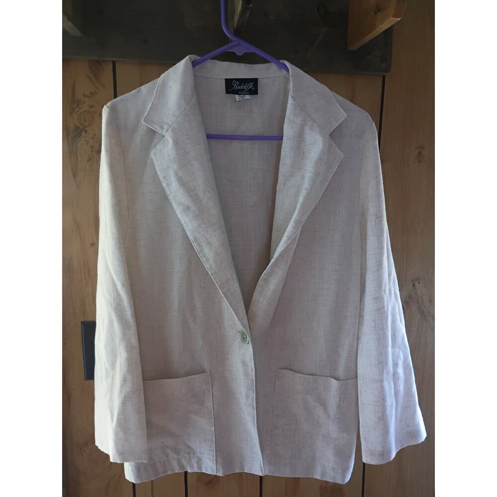 Vintage 90s Ivory Linen Blend Blazer Medium Petite Coastal Minimalist Jacket - Picture 2 of 10